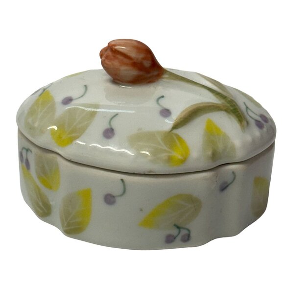 Andrea by Sadek Oval Porcelain Trinket Box Pink Tulip Green Leaves 2.75 inches - Picture 8 of 9